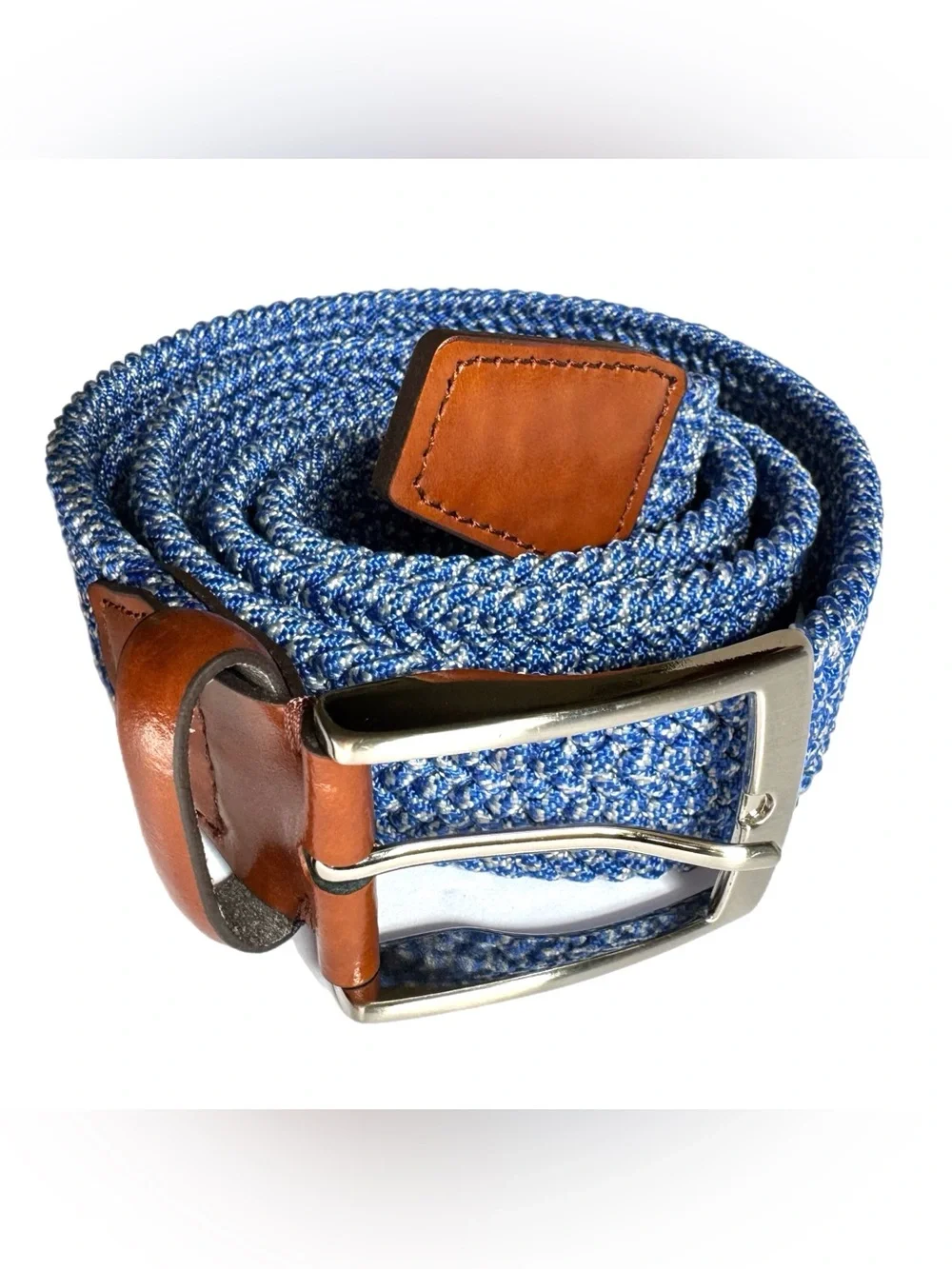 Italian Leather Woven Braided Stretch Belt Blue Brown 40 Casual Golf